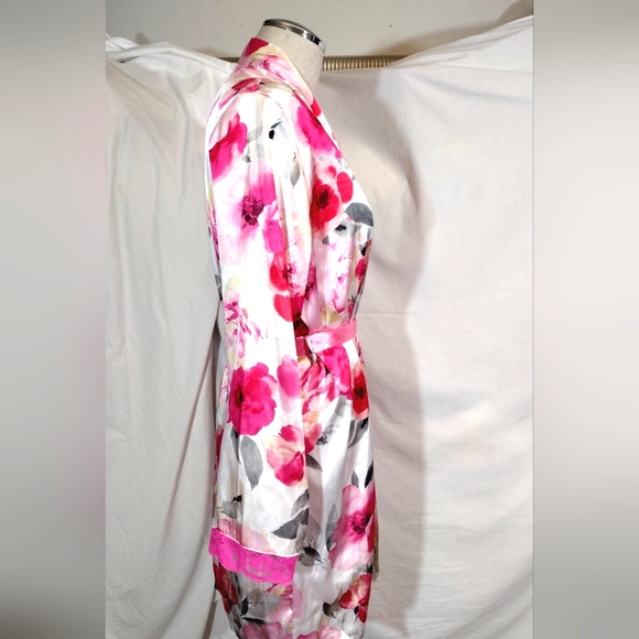 2Pc:Rose Satin Robe+Slip: Floral Pinks & White, Satin+ Lace, Tie, Straps, M - Picture 8 of 16